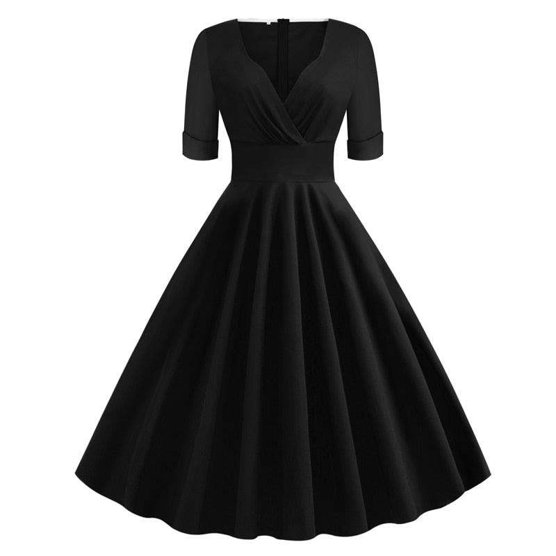 Green Solid Rockabilly 1950S Vintage Ruched V Neck Elegant Half Sleeve A Line Midi Dress