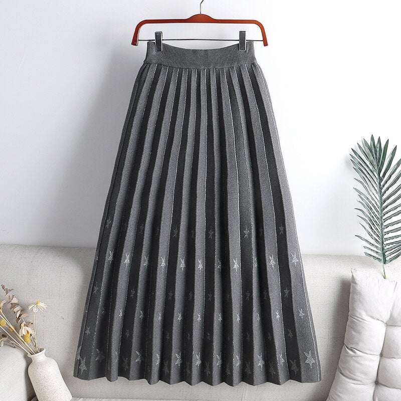 Elastic High Waist Casual Pleated Skirt A Line Elegant Star Patterned Knitted Skirt