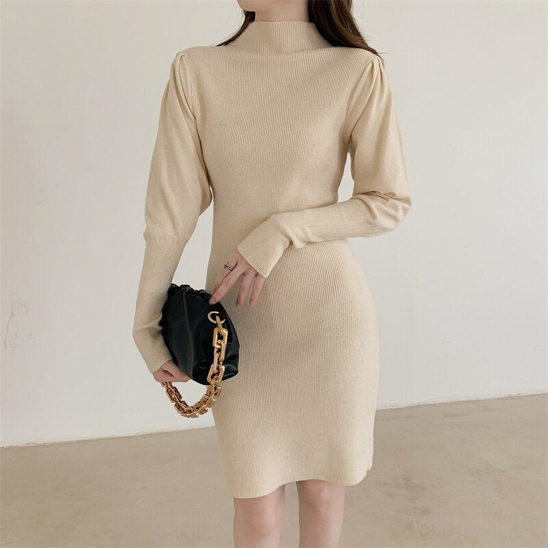 Autumn Winter Fashion Sexy Half High Neck Women's Mini Knit Dress Casual Bodycon Solid Long Sleeve Ladies Dress