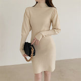Autumn Winter Fashion Sexy Half High Neck Women's Mini Knit Dress Casual Bodycon Solid Long Sleeve Ladies Dress