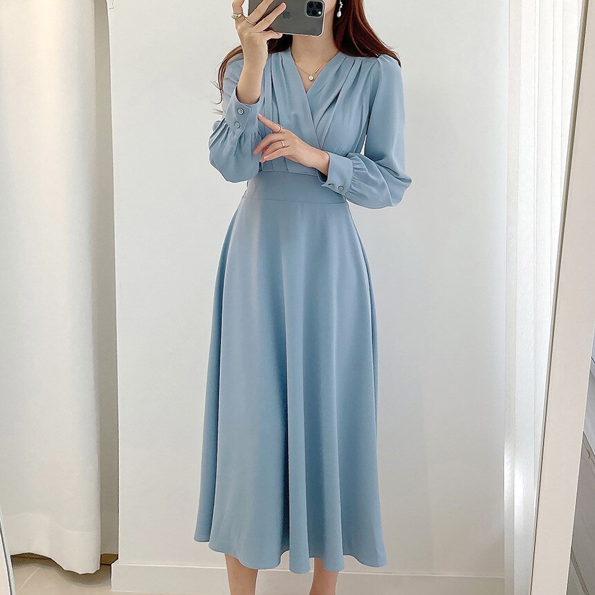 Dresses for Women Vintage Robe V-neck Puff Sleeve Folds Vestidos Mujer High Waist Temperament Dress