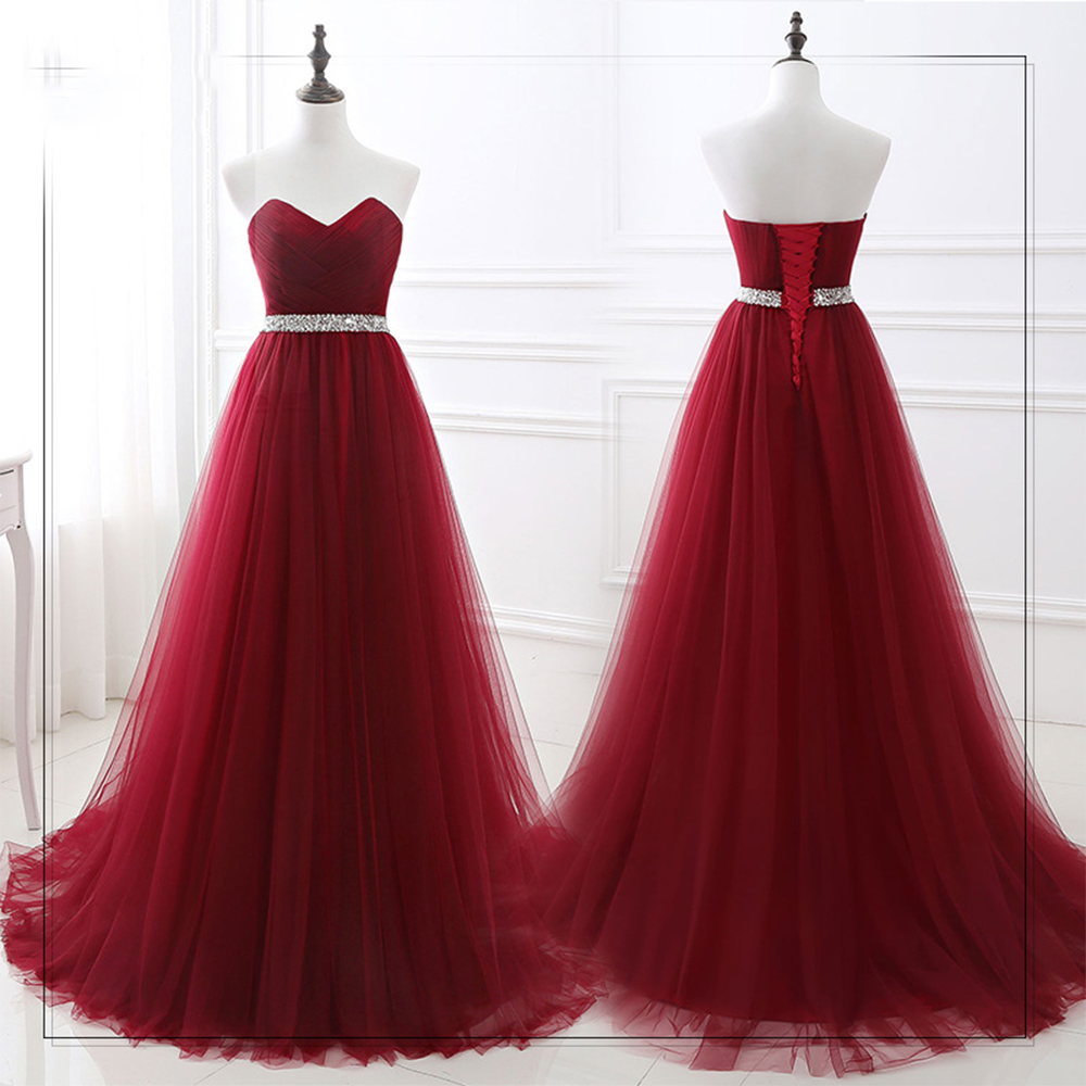 Burgundy Ball Gown Evening Dress Floor Length Tutu Pearls Beaded Abendkleider Fantastic Formal Dress Sweetheart Neck A-line Robe