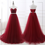 Burgundy Ball Gown Evening Dress Floor Length Tutu Pearls Beaded Abendkleider Fantastic Formal Dress Sweetheart Neck A-line Robe