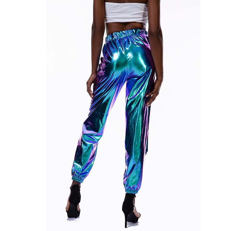 Casual Street Hip-Hop Metallic Pants Shiny Hologram Laser Loose Pants Party Wet Look Long Trousers Women Bottoms Clubwear