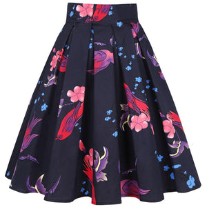 50s Retro Floral Print Vintage Pleated Skirts Womens Harajuku High Waist Plus Size Midi Skirt Cotton Summer 3XL Swing Skirt