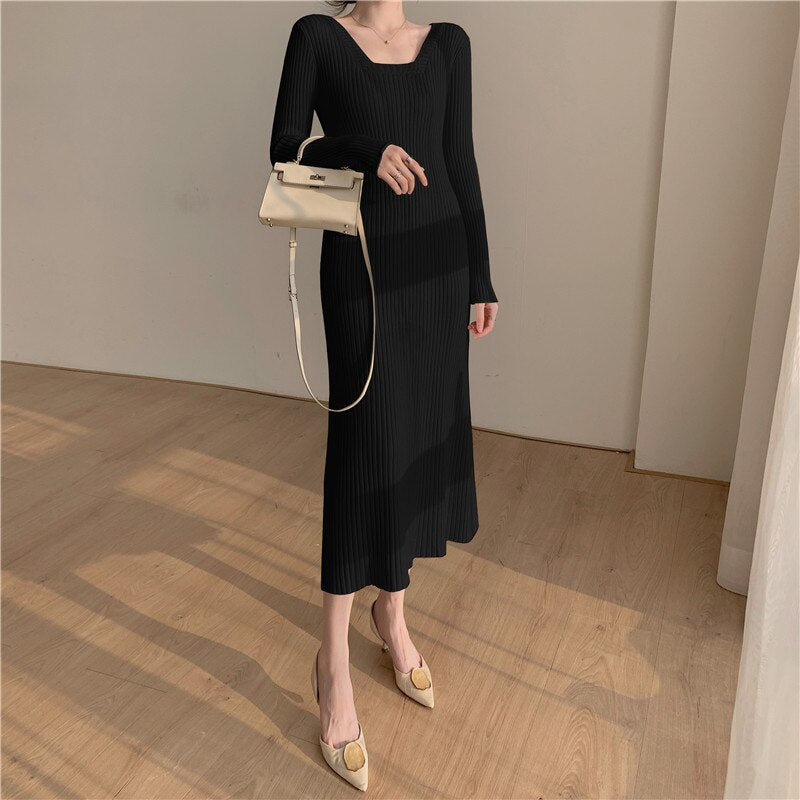 Autumn Winter Elegant Square Neck Long Sleeve Warm Ribbed Knitted Dress Sexy Bodycon Midi Dress