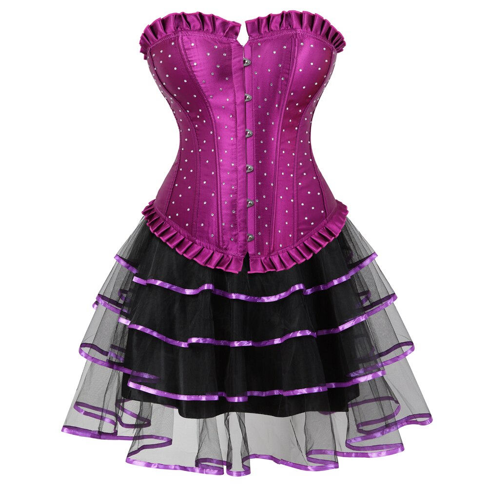 Sexy Rhinestones Brocade Frill Corset Skirt Set Women Fashion Party Corset Bustier Lingerie Top With Mesh Tulle Mini Tutu Skirt
