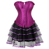 Sexy Rhinestones Brocade Frill Corset Skirt Set Women Fashion Party Corset Bustier Lingerie Top With Mesh Tulle Mini Tutu Skirt
