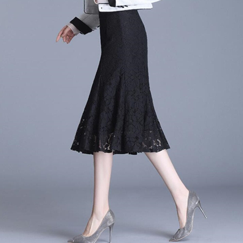 Women Summer Vintage Lace Korean Office Ladies Midi Skirt Sexy Trumpet High Waist OL Black Skirts