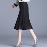 Women Summer Vintage Lace Korean Office Ladies Midi Skirt Sexy Trumpet High Waist OL Black Skirts