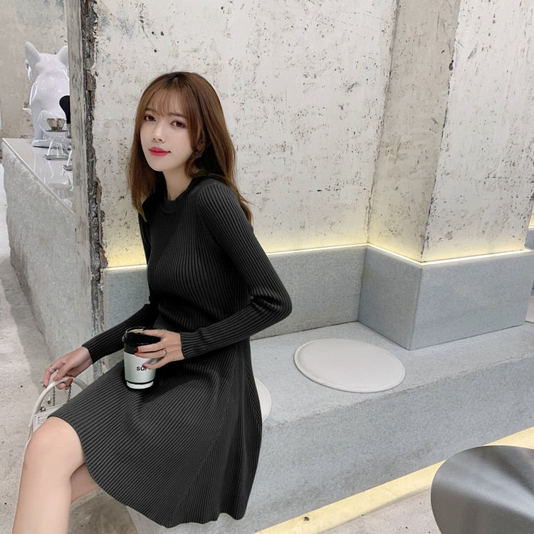 Autumn Winter Slim Knit Sweater A-line Dress Elegant Fashion O-Neck Long-Sleeved Knitted Bottoming Mini Dress Female