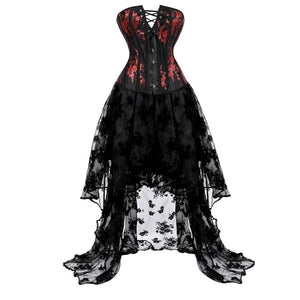 Women Vintage Floral Corset Dress Wedding Bridal Red Plum Flower Lace Up Corset Top With Asymmetrical Tulle Long Skirt Set