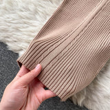 Autumn Winter Midi Dresses For Women Crew Neck Long Sleeve Elegant Ribbed Knitted Dress Button Sexy Bodycon Dress
