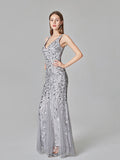 Silver Gray Elegant Fashion Evening Dresses Sexy Simple V Collar Open Back Sleeveless Embroidered Beads Fishtail Dress Gown