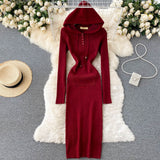 Autumn Winter Women Dresses Long Sleeve Hooded Casual Sweater Dress Button Front Pocket Ribbed Knitted Midi Dress