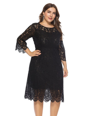 Black Formal Lace Dress Women O-neck Plus Size 6XL Elegant Red Cut Out Lace Vestioes Three Quarter Sleeve Party Evening Dresses