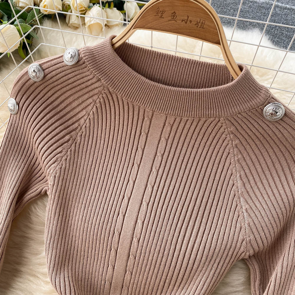 Autumn Winter Midi Dresses For Women Crew Neck Long Sleeve Elegant Ribbed Knitted Dress Button Sexy Bodycon Dress