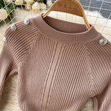 Autumn Winter Midi Dresses For Women Crew Neck Long Sleeve Elegant Ribbed Knitted Dress Button Sexy Bodycon Dress