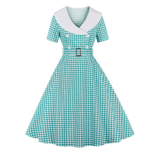 Gingham Print High Waist Women Vintage A Line Midi Cotton Fabric Double Breasted 1950S Rockabilly Plaid Dress