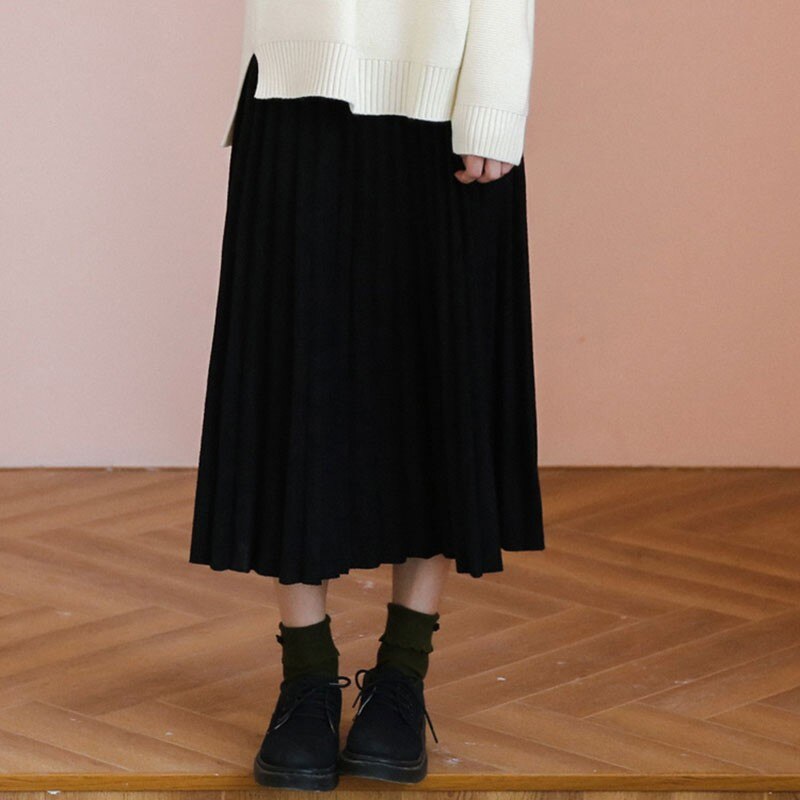 Women Black High Waist Pleated Skirts Korean Simple Style All-match Ladies A-line Long Skirt