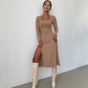 Autumn Winter Square Neck Knitted Basic A Line Women Dress Long Sleeve Split Party Causal Midi Sexy Dresses