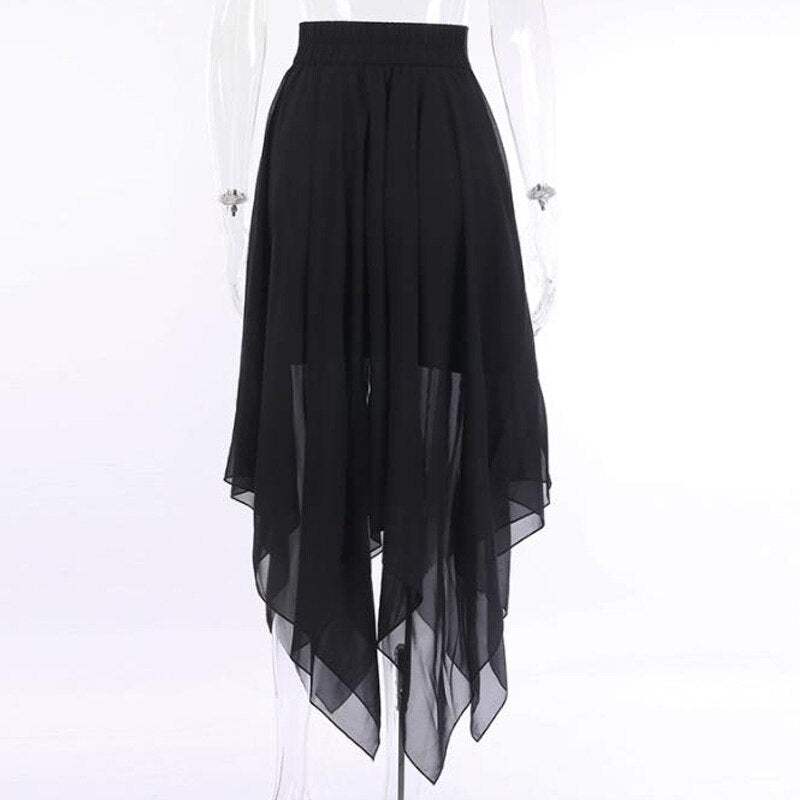 Solid High Waisted Asymmetrical Chiffon Long Punk Skirt Streetwear Goth Black Skirts