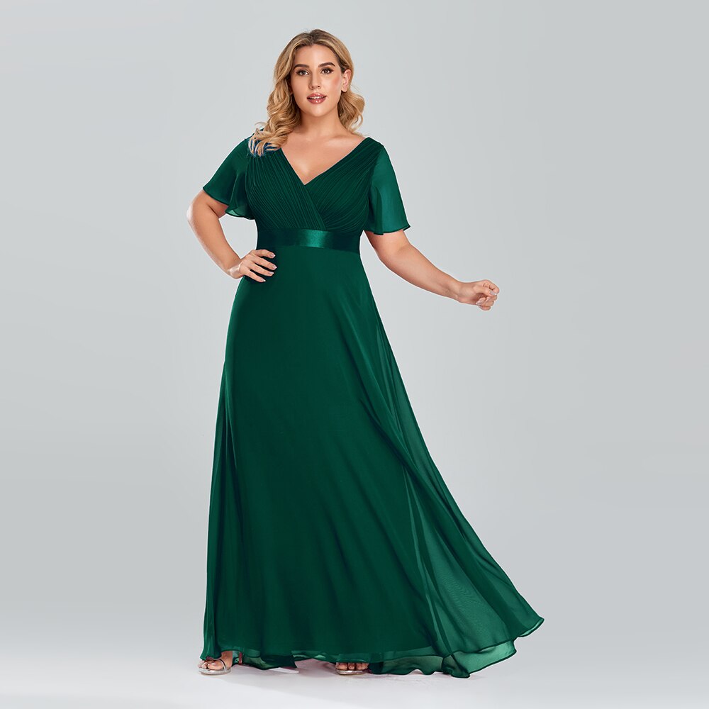 Plus Size Elegant Chiffon V-Neckline Long Sleeve Formal Evening Dress