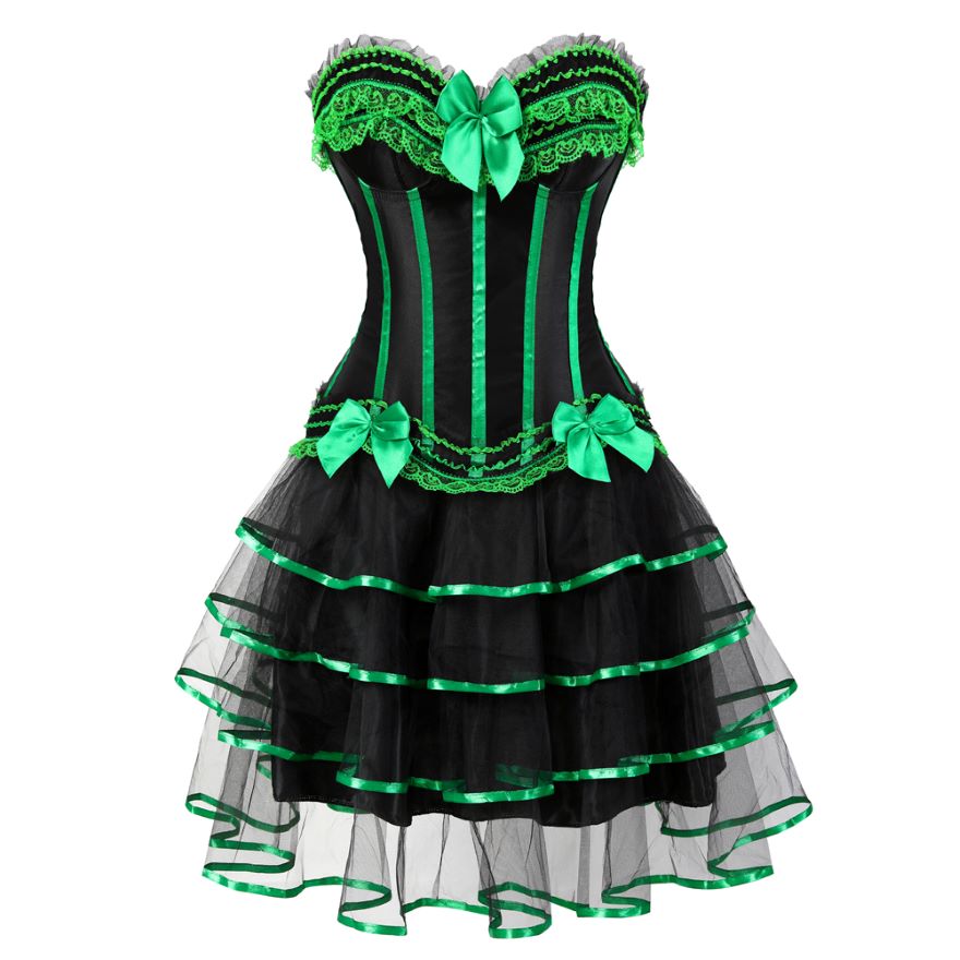 Women Sexy Striped Corset Dress Satin Bow Lace Waist Cincher Corset Bustier Lingerie Top With Mesh Mini Tutu Skirt Set Plus Size