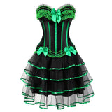 Women Sexy Striped Corset Dress Satin Bow Lace Waist Cincher Corset Bustier Lingerie Top With Mesh Mini Tutu Skirt Set Plus Size