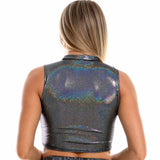Shiny Holographic Metallic Tank Tops Vest Sexy Slim Turtleneck Sleeveless Crop Top Women Cropped Tops For Rave Club Dance