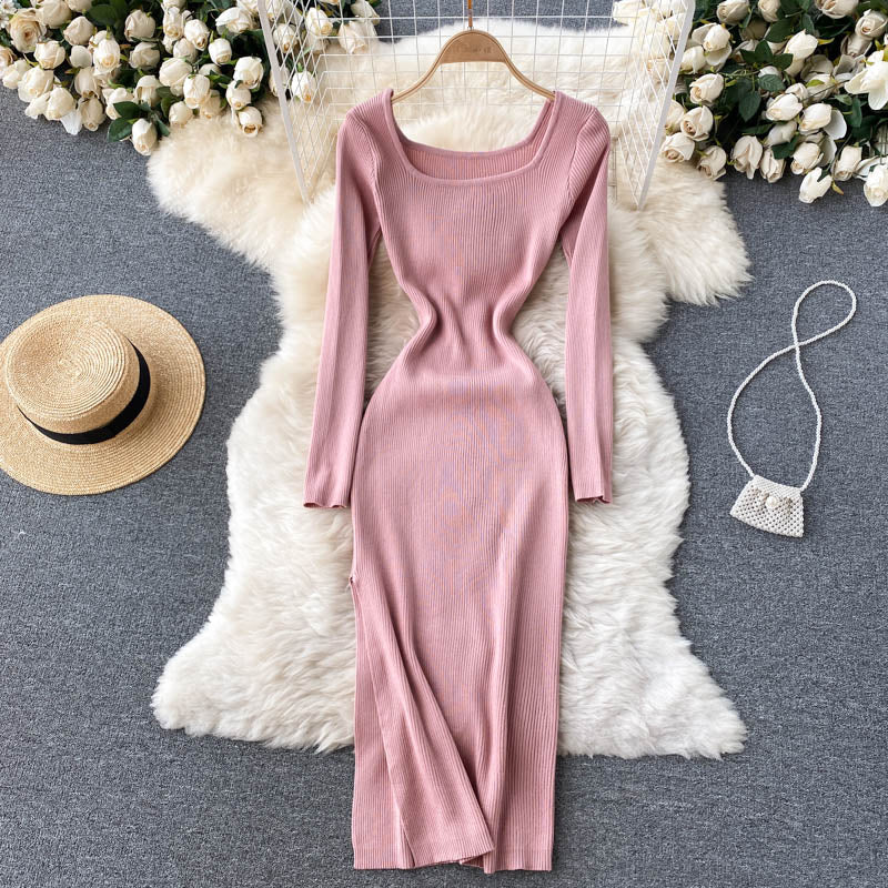 Autumn Winter Elegant Square Neck Long Sleeve Ribbed Knitted Dress Sexy Slit Bodycon Midi Dress