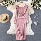 Autumn Winter Elegant Square Neck Long Sleeve Ribbed Knitted Dress Sexy Slit Bodycon Midi Dress