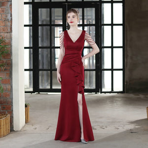 Soft Satin V Neck Beading Evening Dress Candy Color Women Sexy Slit Party Maxi Dress