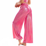 Summer Shiny Women Wide Leg Pants Elastic Waist Loose Casual Metallic Trousers Femme Long Straight Pants Streetwear