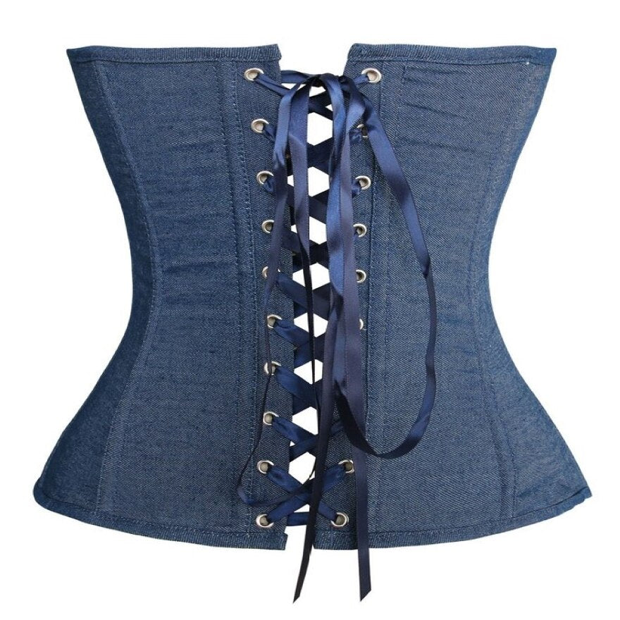 Women Sexy Blue Denim Buckle Overbust Corset Gothic Strapless Retro Corsets Waist Cincher Bustier Sexy Lingerie Top Plus Size