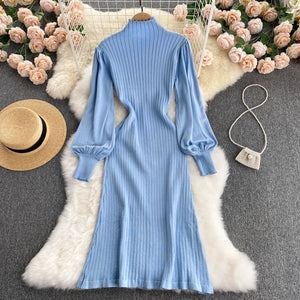 Autumn Winter Mock Neck Ribbed Sweater Dress Women Long Lantern Sleeve Front Button Elegant Knitted Bodycon Midi Dress