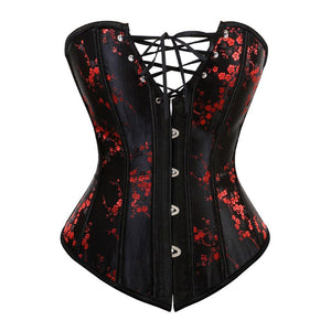 Women Vintage Floral Corset Dress Wedding Bridal Red Plum Flower Lace Up Corset Top With Asymmetrical Tulle Long Skirt Set