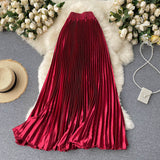 High Waist Long Women Elegant Office Lady Metallic Satin Maxi Pleated Skirt