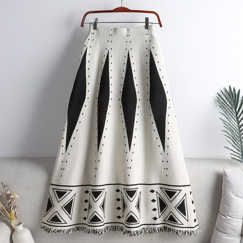 Elegant A Line Women Fringed Hem Contrast Geometric Knitted Skirts Elastic High Waist Midi Long Skirt