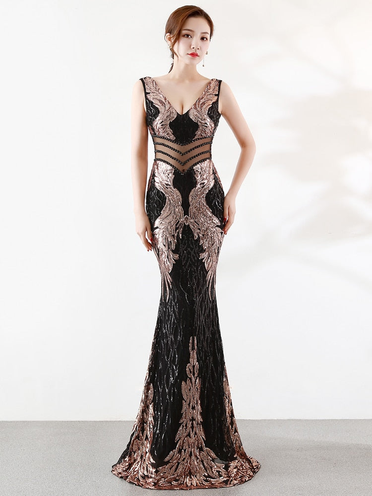Women See-through Beads Long Party Dreess New Sequins Evening Dress