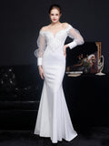 Elegant Champagne Satin Appliques Beading Evening Long Sleeve Dress