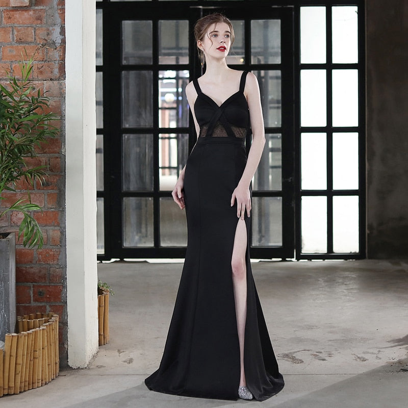 Sexy Slit Evening Dress Women's Black Strap Dress Party Maxi Dress WIth Beading