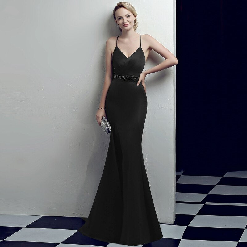 Women's Backless Strap Cross Slit Long Prom Dress Sexy Beads Prom Party Dress