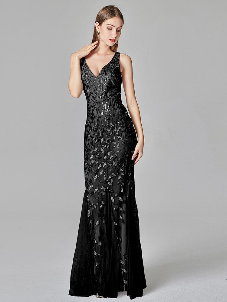 Silver Gray Elegant Fashion Evening Dresses Sexy Simple V Collar Open Back Sleeveless Embroidered Beads Fishtail Dress Gown