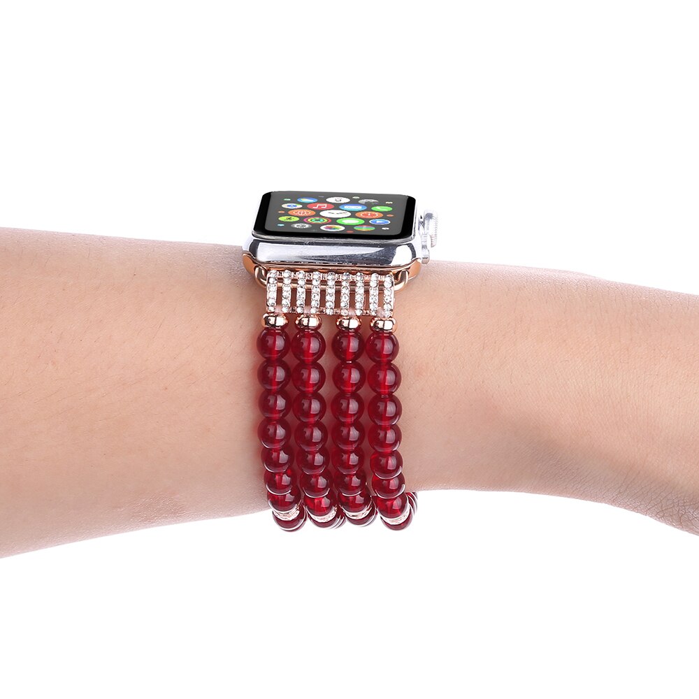 Handmade Beaded Bracelet for Apple Watch Band 38mm 40mm 42mm 44mm Iwatch Series 5/4/3/2/1 Elastic Stretch Pearl Straps Bling Red
