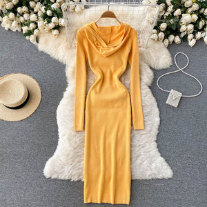 Autumn Winter Women Dresses Long Sleeve Hooded Casual Sweater Dress Button Front Pocket Ribbed Knitted Midi Dress