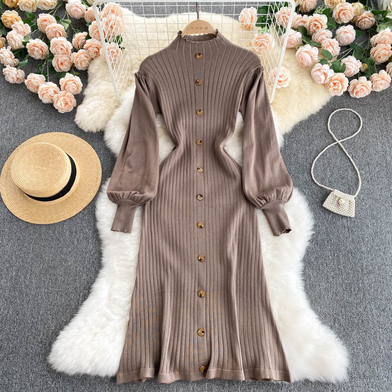 Autumn Winter Mock Neck Ribbed Sweater Dress Women Long Lantern Sleeve Front Button Elegant Knitted Bodycon Midi Dress