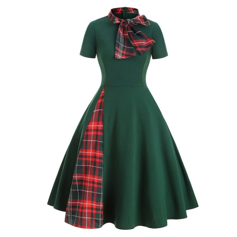 Red Plaid 50s Vintage Pin Up Midi Dress Bow Tie Neck Casual Robe Femme jetechband Red Plaid 50s Vintage Pin Up Midi Dress Bow Tie Neck Casual Robe Femme jetechband