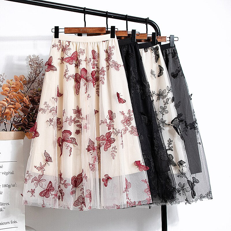 Woman Elegant Vintage Butterfly Embroidered A-Line Mesh Midi Skirt Elastic High Waist Summer Skirts