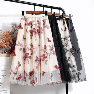 Woman Elegant Vintage Butterfly Embroidered A-Line Mesh Midi Skirt Elastic High Waist Summer Skirts